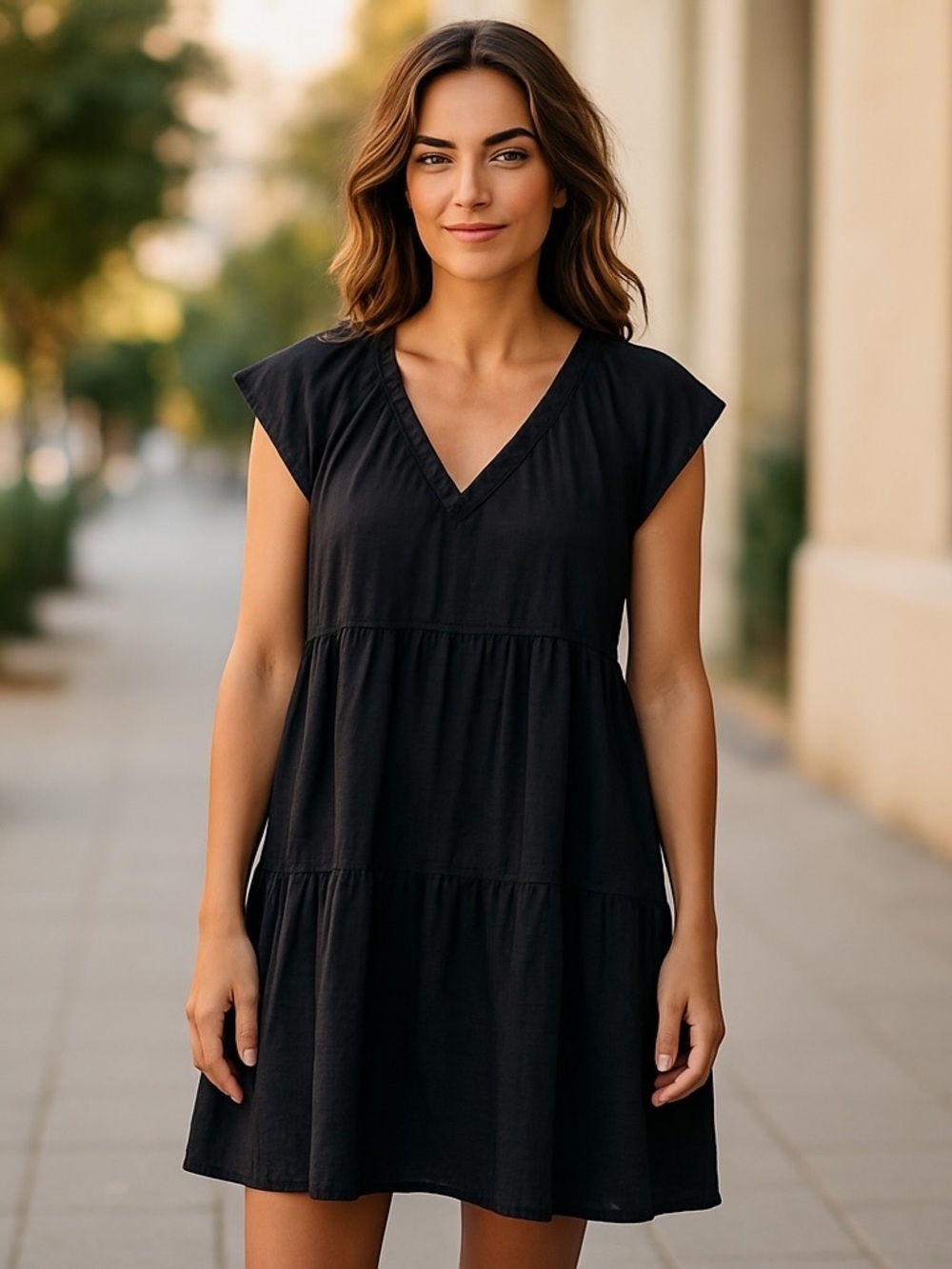 Old Navy Black Flutter Sleeve V-Neck Tiered Dress Women’s Small 100% Cotton